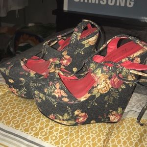 Strappy floral wedges